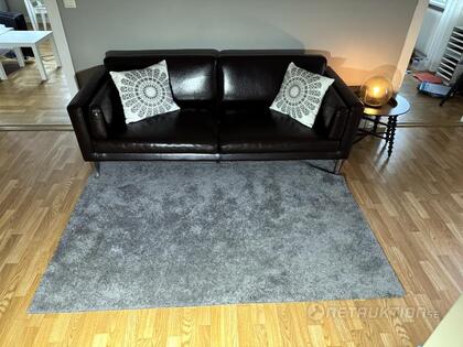 Skinnsoffa, sidobord och tavlor Skinnsoffa, sidobord och tavlor